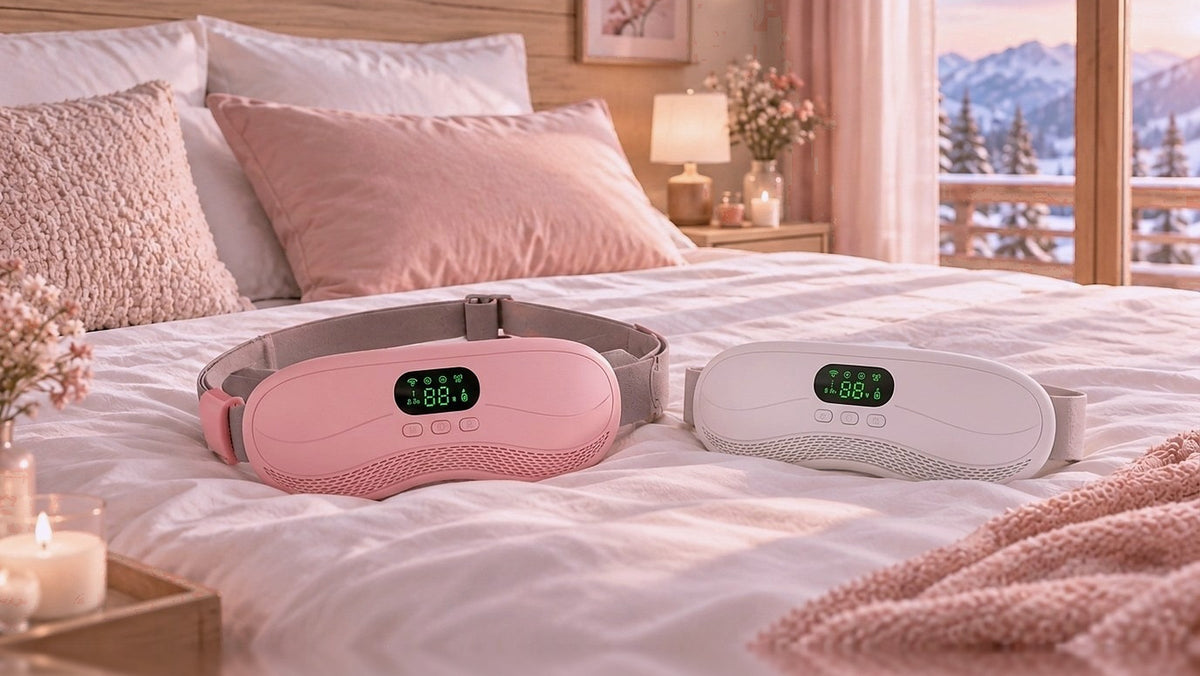 Deux ceintures chauffantes VELEA, rose et blanche, posées sur un lit dans une chambre douce et lumineuse